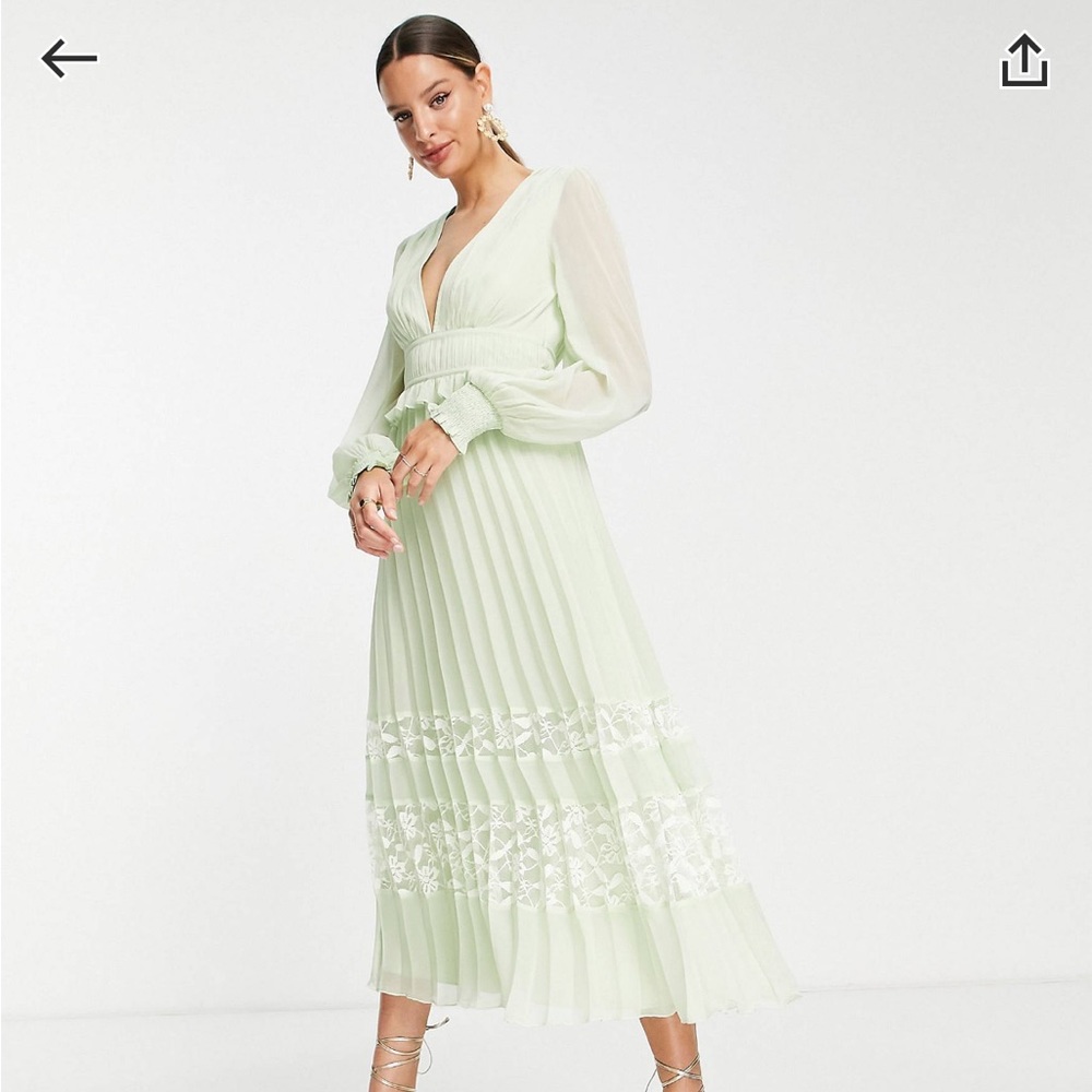 ASOS Design Exclusive plunge pleated midi dress with lace inserts hem,sage green
